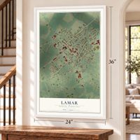 Lamar, South Carolina map, 24 x 36 inch print in a white frame by a staircase