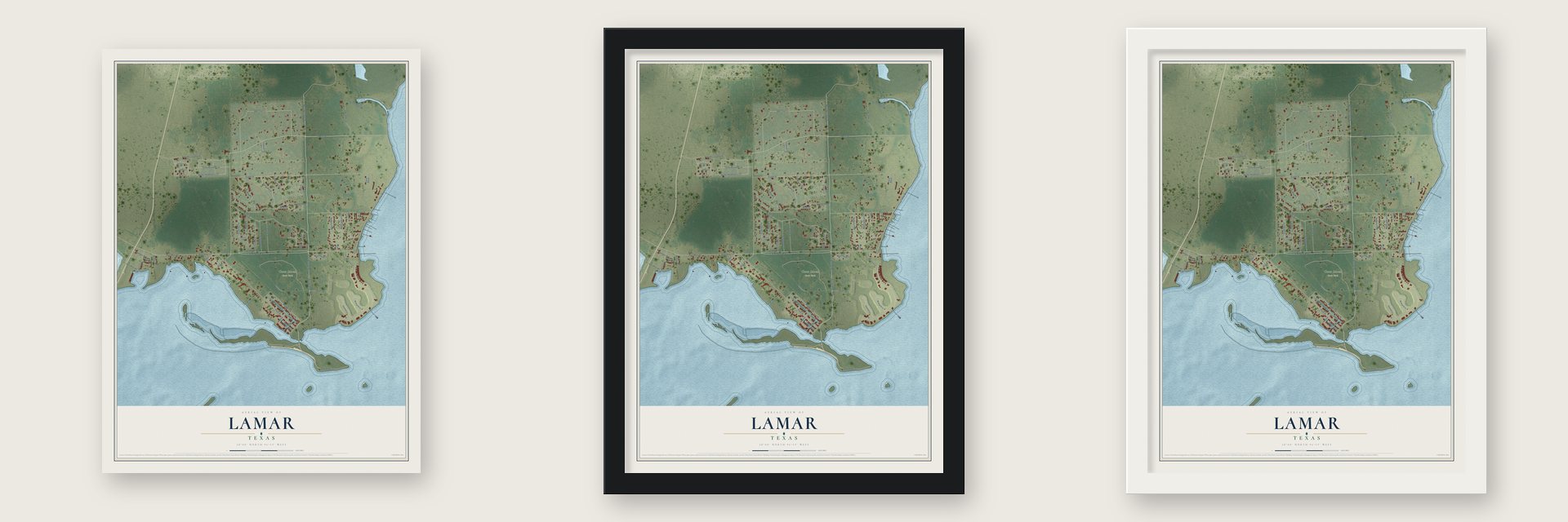 Lamar, Texas map unframed, in a black wood frame and in a white wood frame