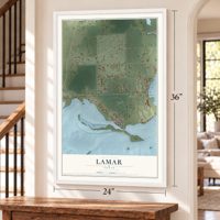 Lamar, Texas map, 24 x 36 inch print in a white frame by a staircase
