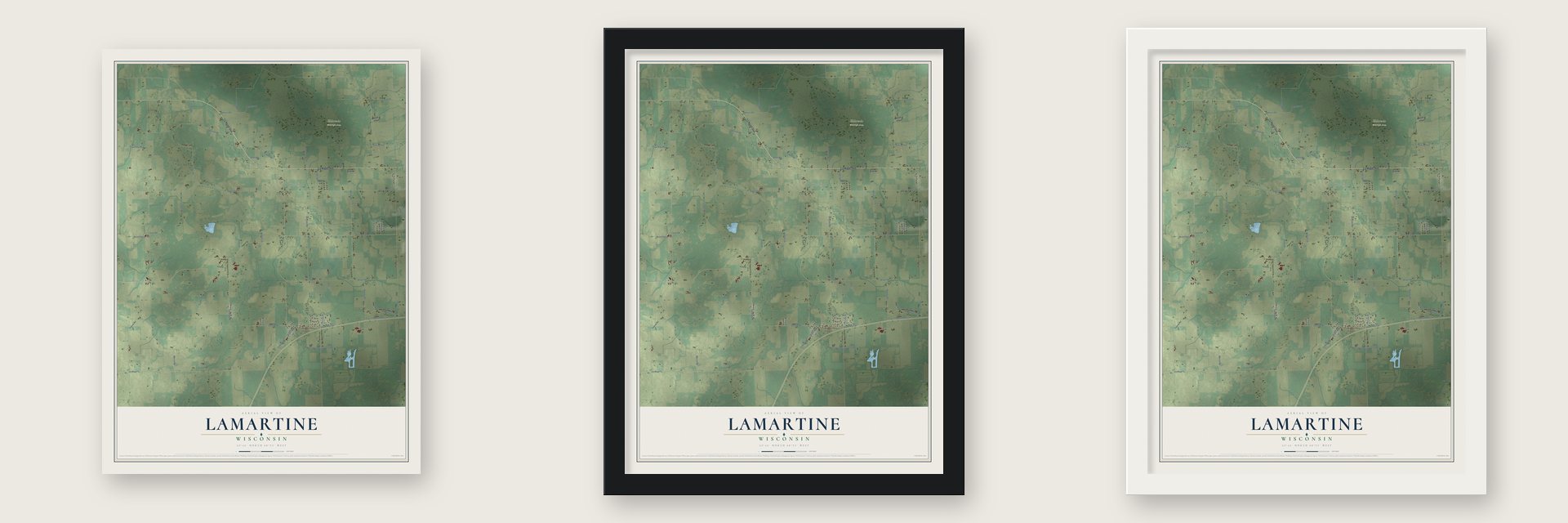 Lamartine, Wisconsin map unframed, in a black wood frame and in a white wood frame