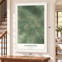 Lamartine, Wisconsin map, 24 x 36 inch print in a white frame by a staircase