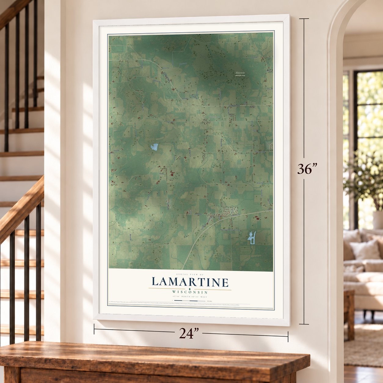 Lamartine, Wisconsin map, 24 x 36 inch print in a white frame by a staircase