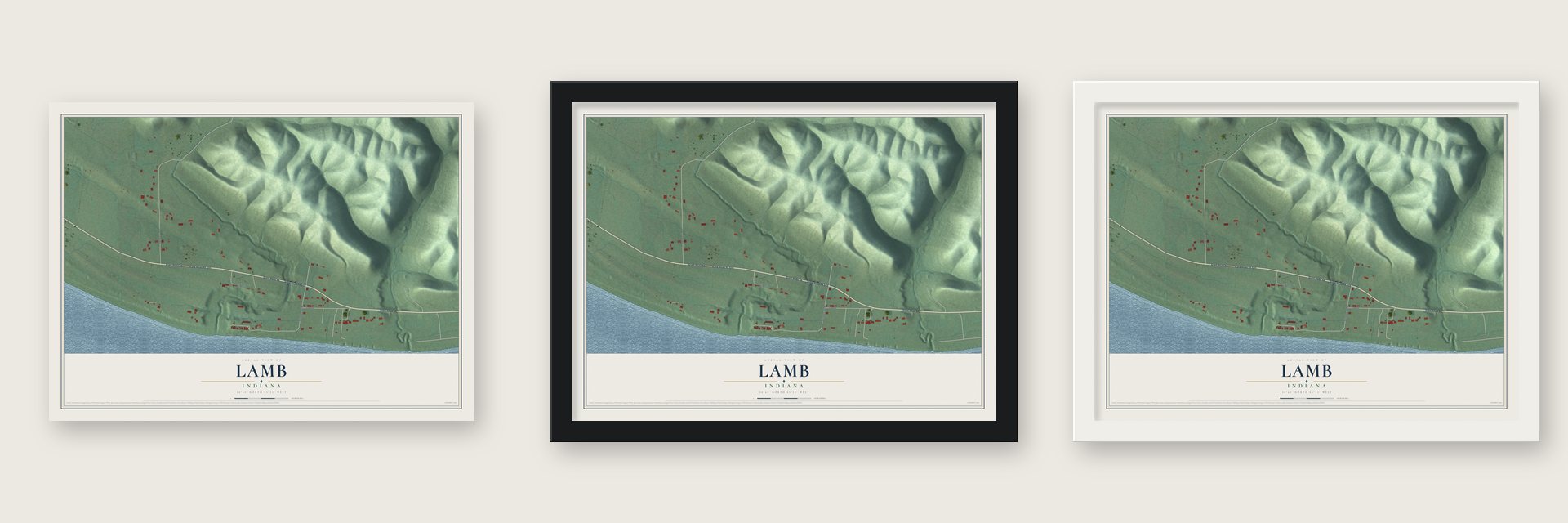 Lamb, Indiana map unframed, in a black wood frame and in a white wood frame