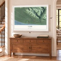 Lamb, Indiana map, 24 x 36 inch print in a white frame above a dresser by a staircase