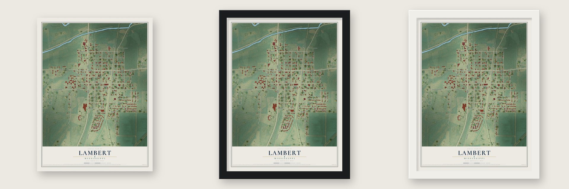 Lambert, Mississippi map unframed, in a black wood frame and in a white wood frame