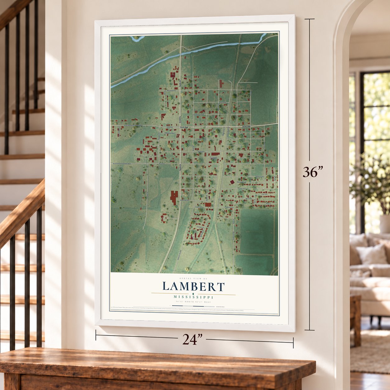 Lambert, Mississippi map, 24 x 36 inch print in a white frame by a staircase
