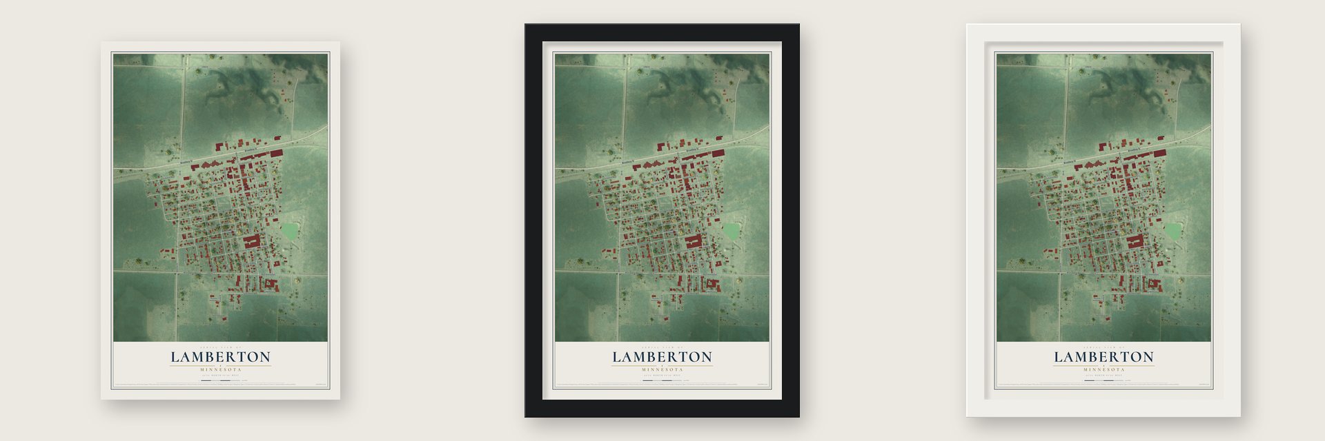 Lamberton, Minnesota map unframed, in a black wood frame and in a white wood frame