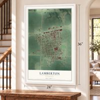 Lamberton, Minnesota map, 24 x 36 inch print in a white frame by a staircase
