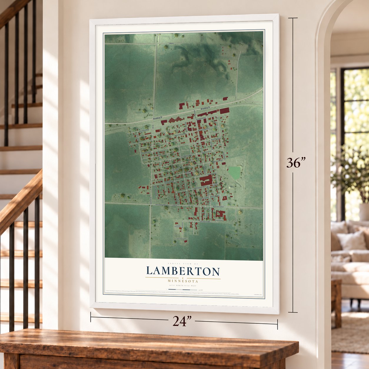 Lamberton, Minnesota map, 24 x 36 inch print in a white frame by a staircase