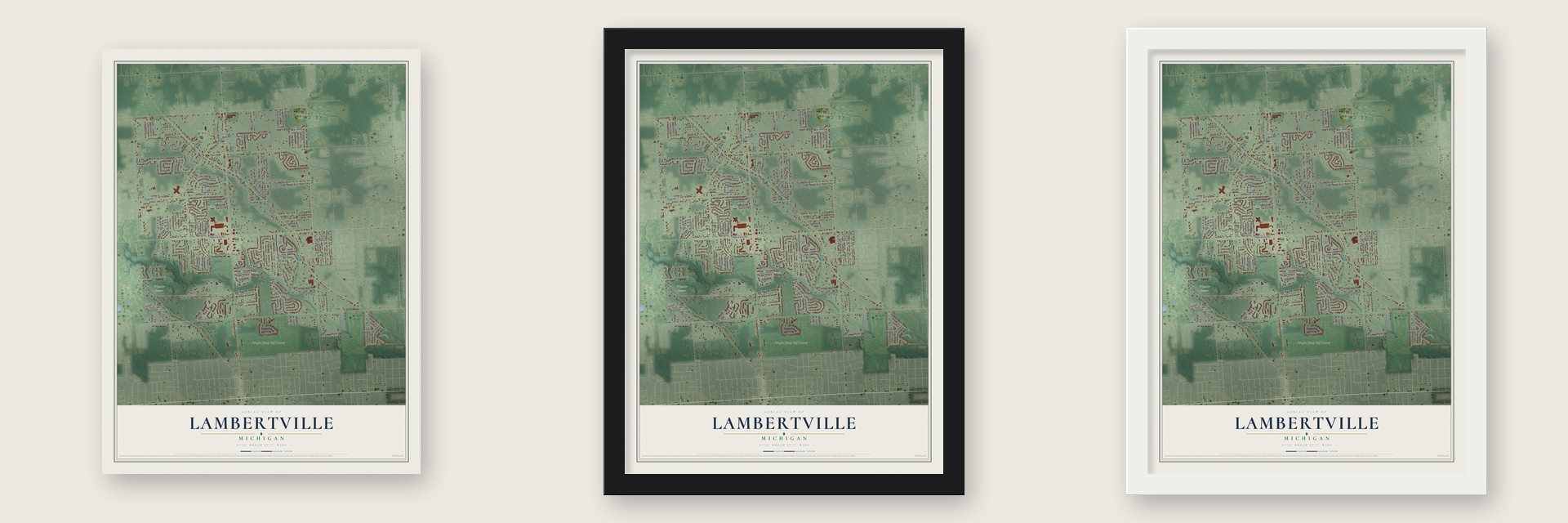 Lambertville, Michigan map unframed, in a black wood frame and in a white wood frame