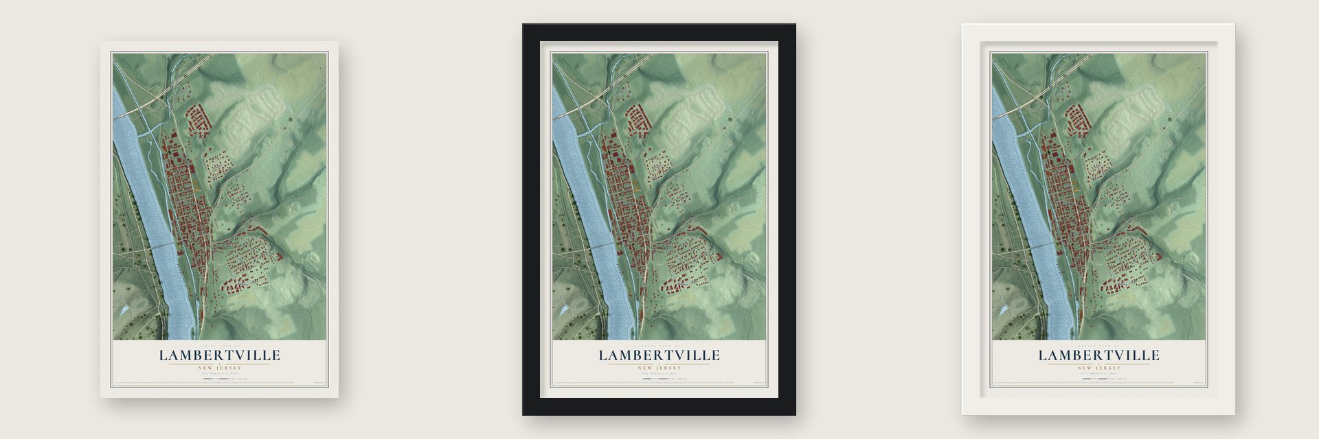 Lambertville, New Jersey map unframed, in a black wood frame and in a white wood frame