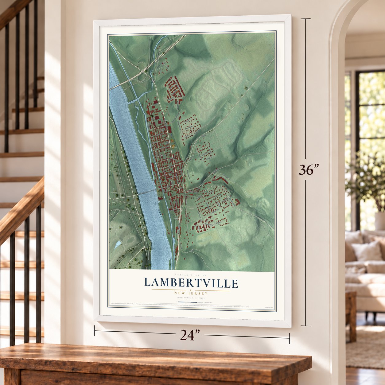 Lambertville, New Jersey map, 24 x 36 inch print in a white frame by a staircase