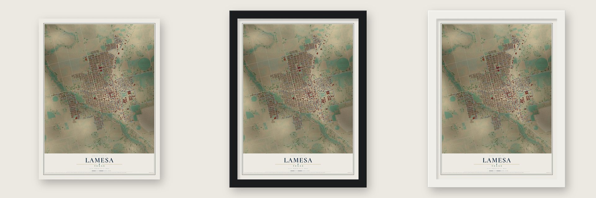 Lamesa, Texas map unframed, in a black wood frame and in a white wood frame