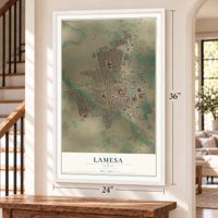 Lamesa, Texas map, 24 x 36 inch print in a white frame by a staircase