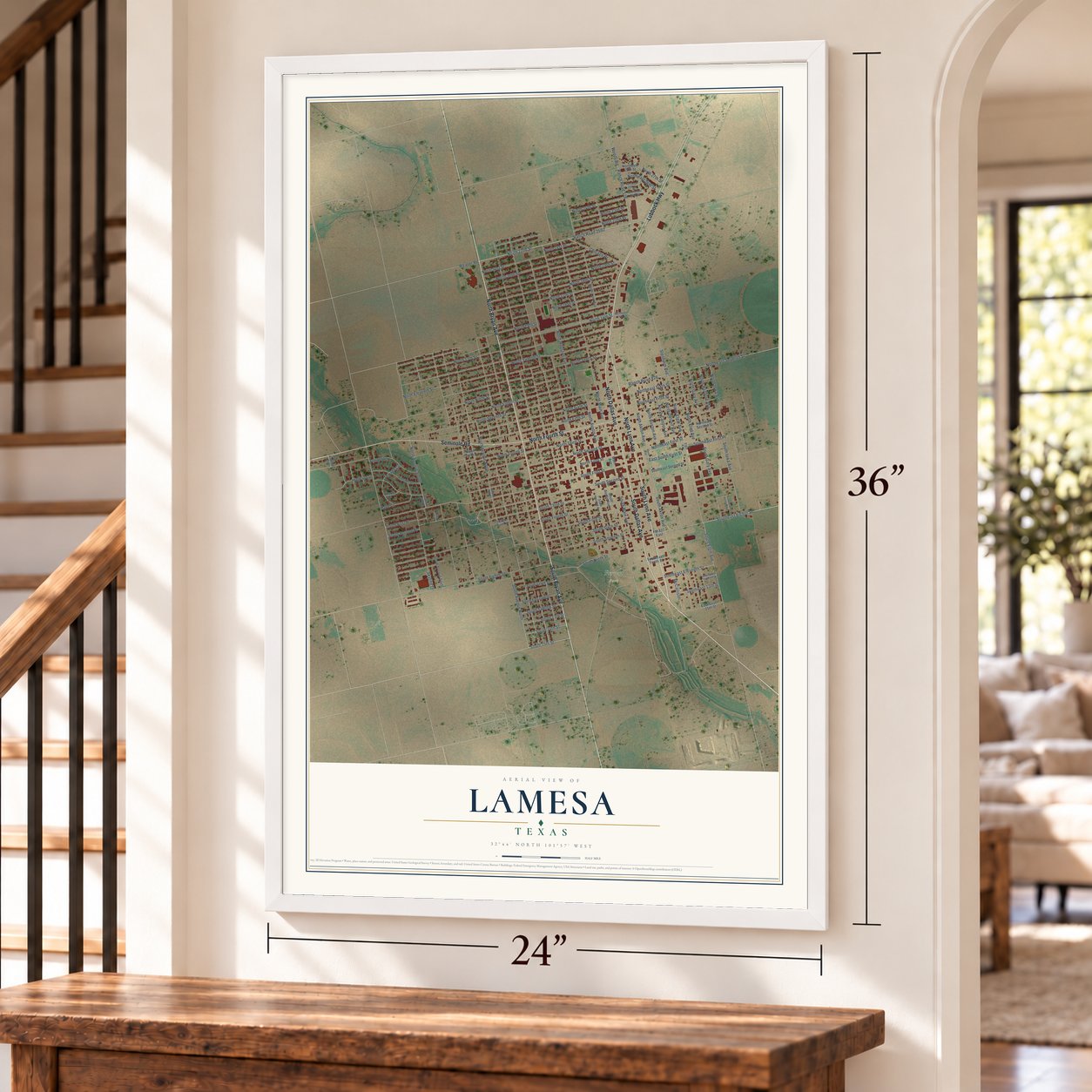 Lamesa, Texas map, 24 x 36 inch print in a white frame by a staircase