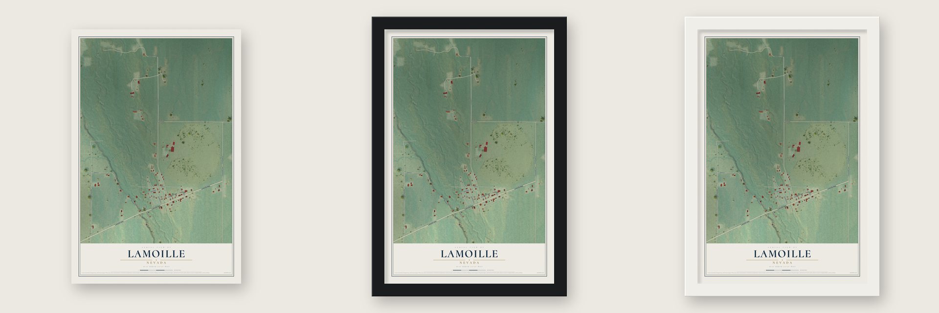 Lamoille, Nevada map unframed, in a black wood frame and in a white wood frame