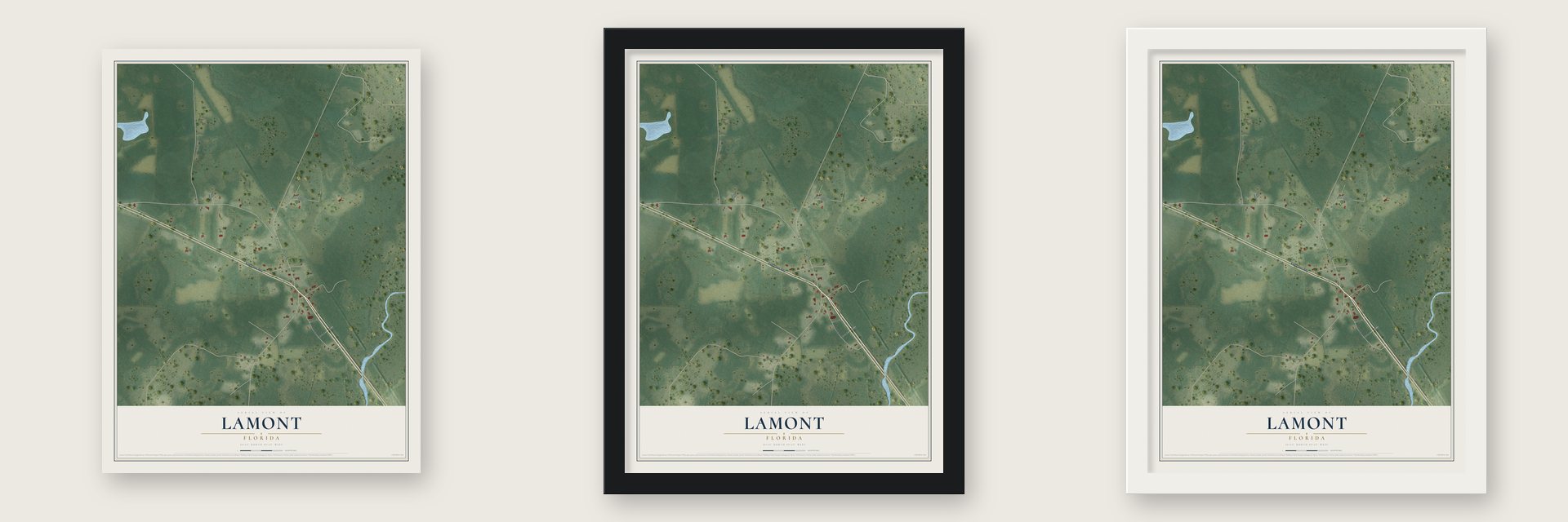 Lamont, Florida map unframed, in a black wood frame and in a white wood frame