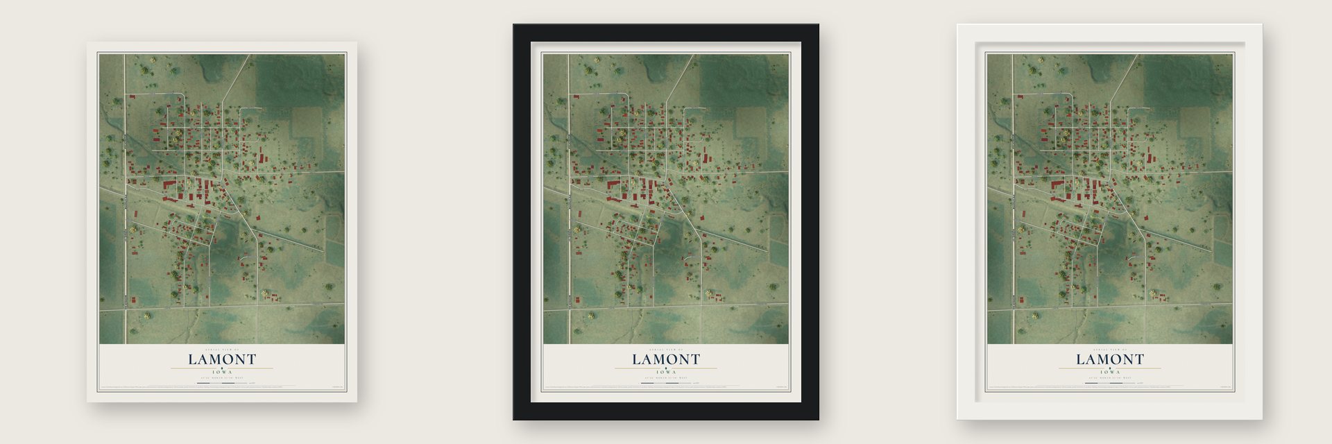 Lamont, Iowa map unframed, in a black wood frame and in a white wood frame
