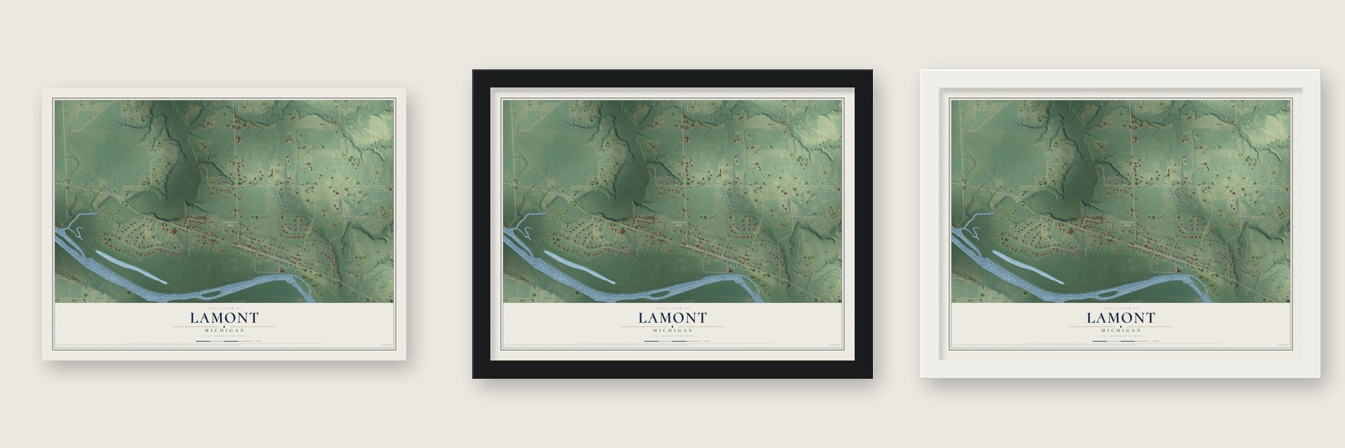 Lamont, Michigan map unframed, in a black wood frame and in a white wood frame