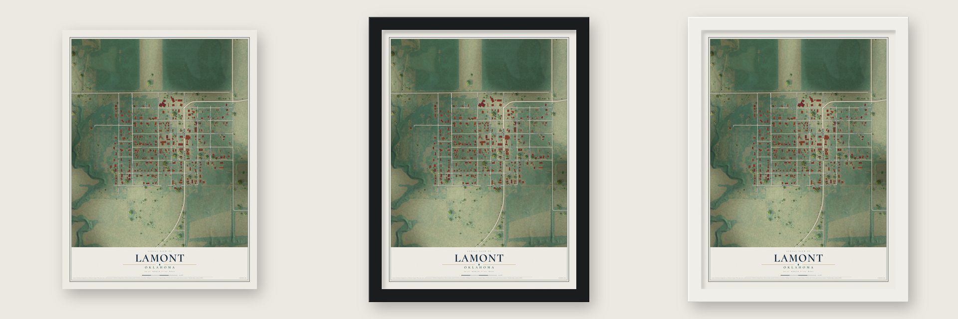 Lamont, Oklahoma map unframed, in a black wood frame and in a white wood frame