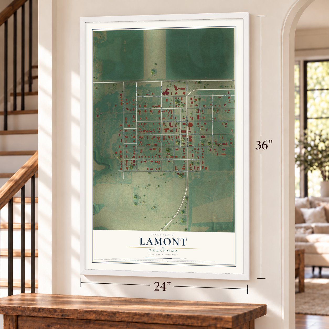 Lamont, Oklahoma map, 24 x 36 inch print in a white frame by a staircase