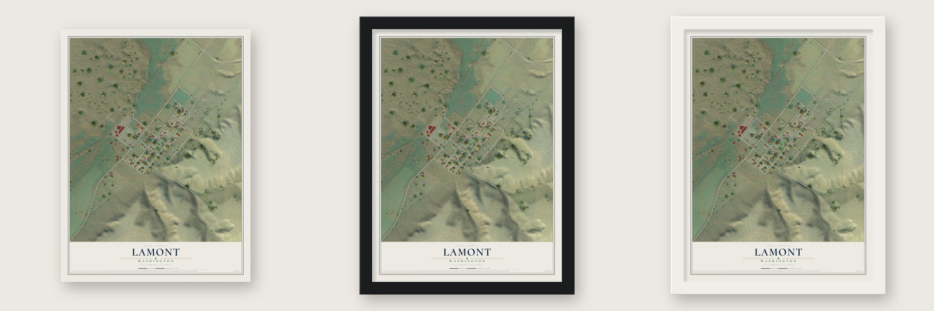 Lamont, Washington map unframed, in a black wood frame and in a white wood frame