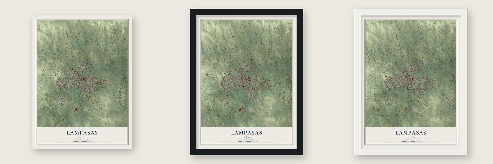 Lampasas, Texas map unframed, in a black wood frame and in a white wood frame