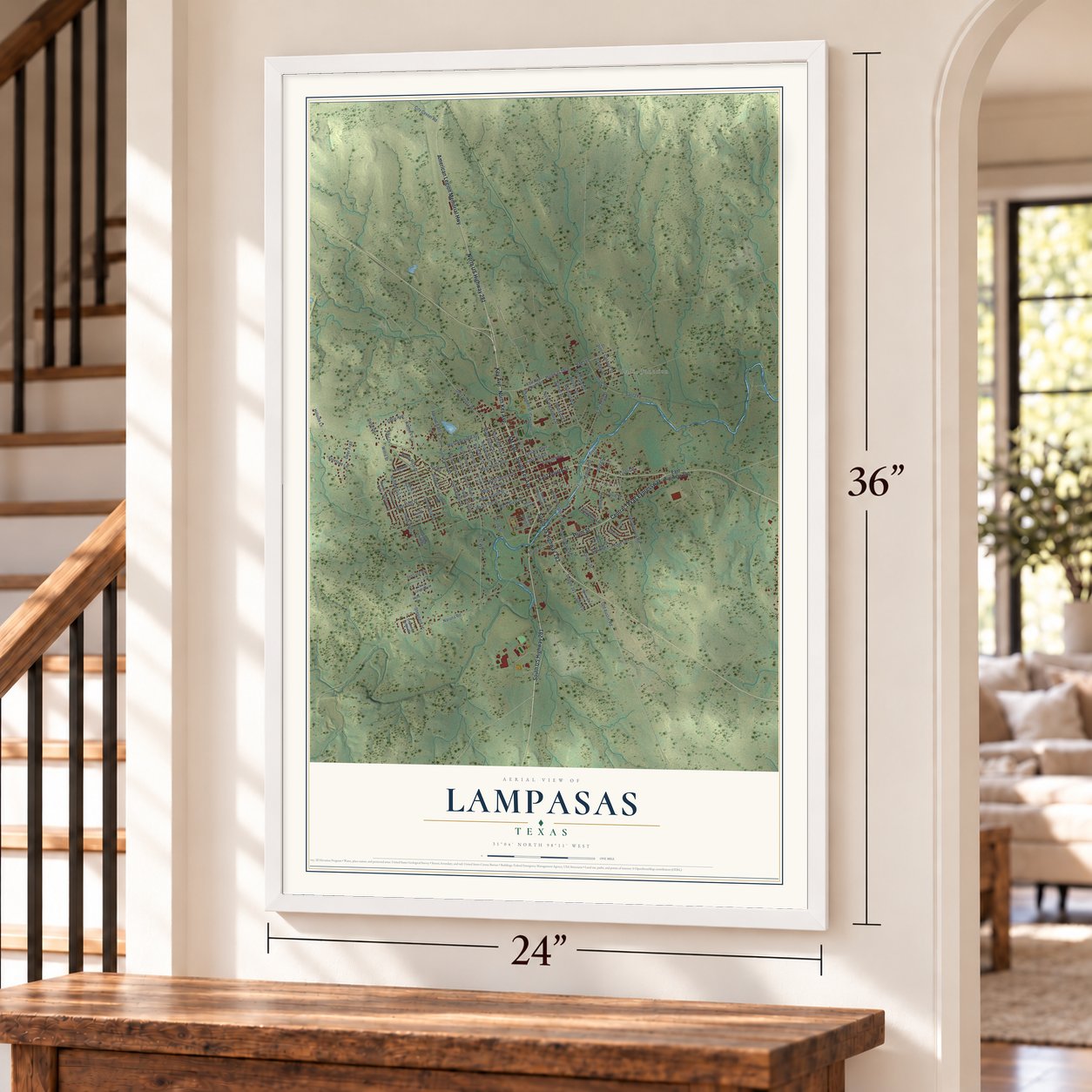 Lampasas, Texas map, 24 x 36 inch print in a white frame by a staircase