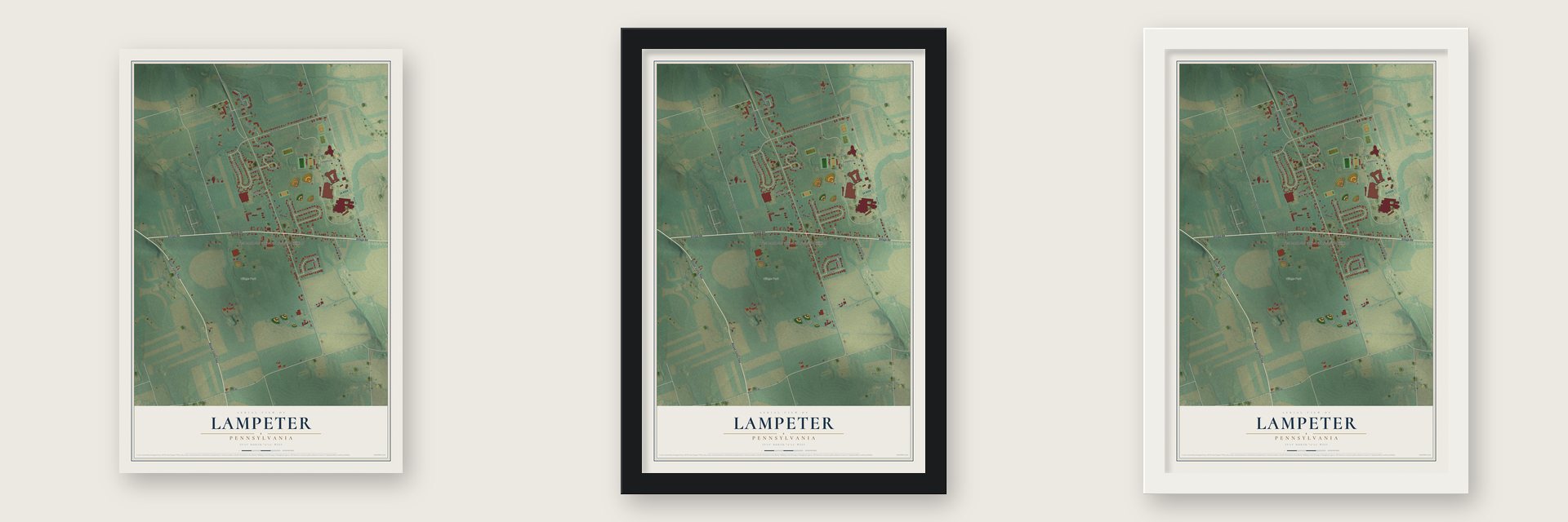 Lampeter, Pennsylvania map unframed, in a black wood frame and in a white wood frame