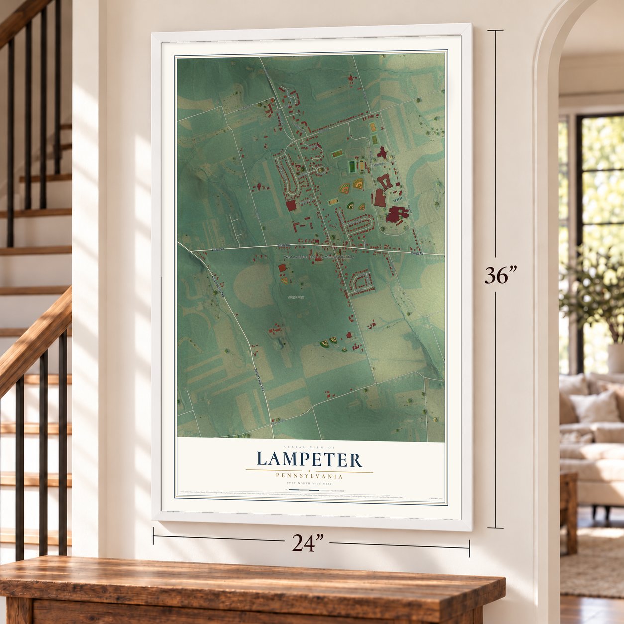 Lampeter, Pennsylvania map, 24 x 36 inch print in a white frame by a staircase