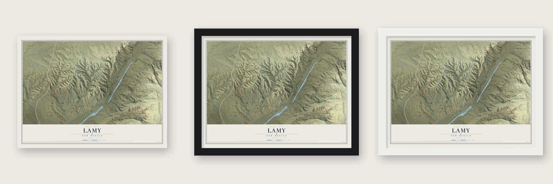 Lamy, New Mexico map unframed, in a black wood frame and in a white wood frame