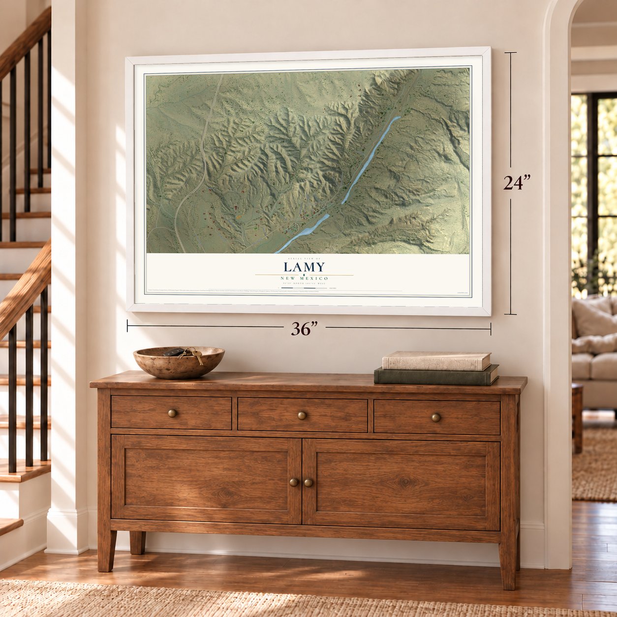 Lamy, New Mexico map, 24 x 36 inch print in a white frame above a dresser by a staircase