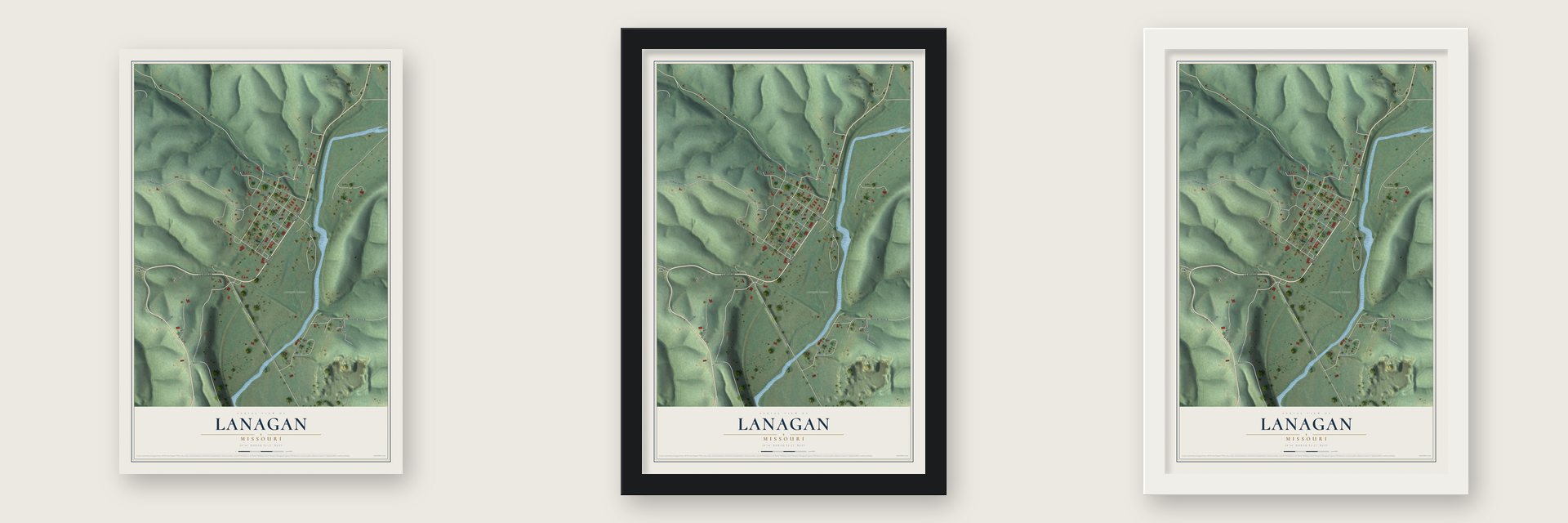 Lanagan, Missouri map unframed, in a black wood frame and in a white wood frame