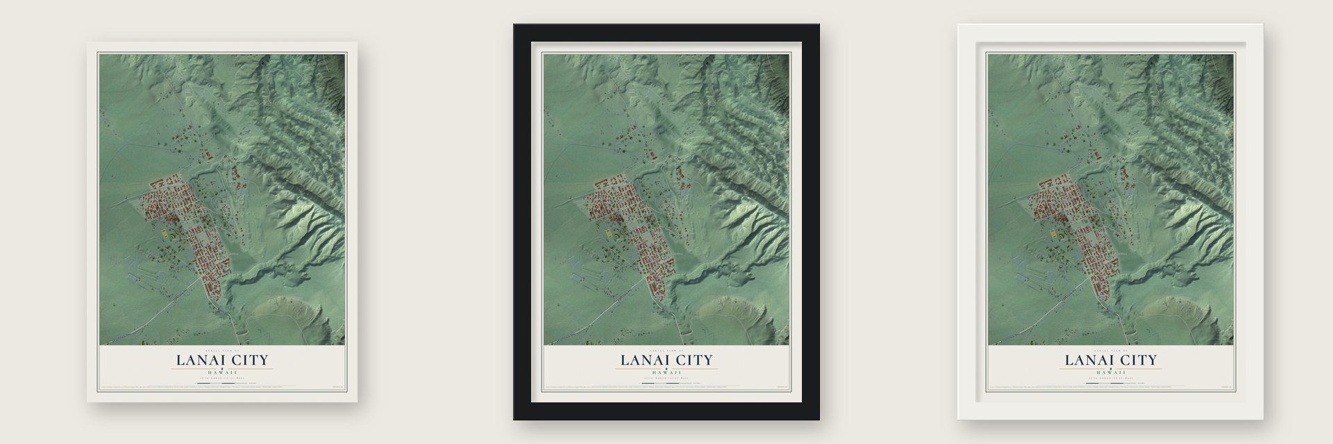 Lanai City, Hawaii map unframed, in a black wood frame and in a white wood frame