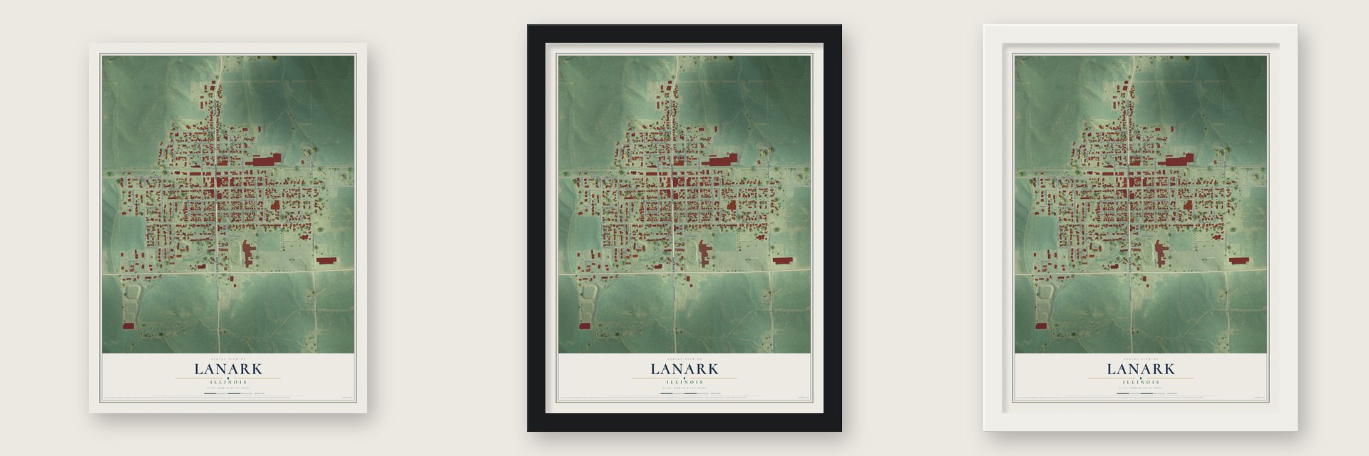 Lanark, Illinois map unframed, in a black wood frame and in a white wood frame