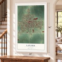 Lanark, Illinois map, 24 x 36 inch print in a white frame by a staircase