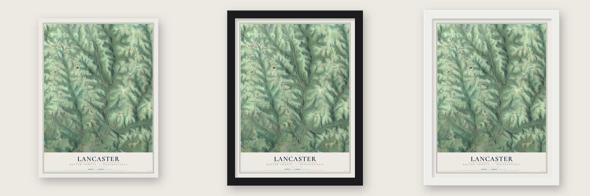 Lancaster, Butler County, Pennsylvania map unframed, in a black wood frame and in a white wood frame