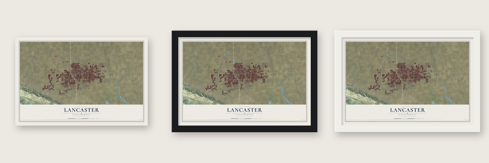 Lancaster, California map unframed, in a black wood frame and in a white wood frame