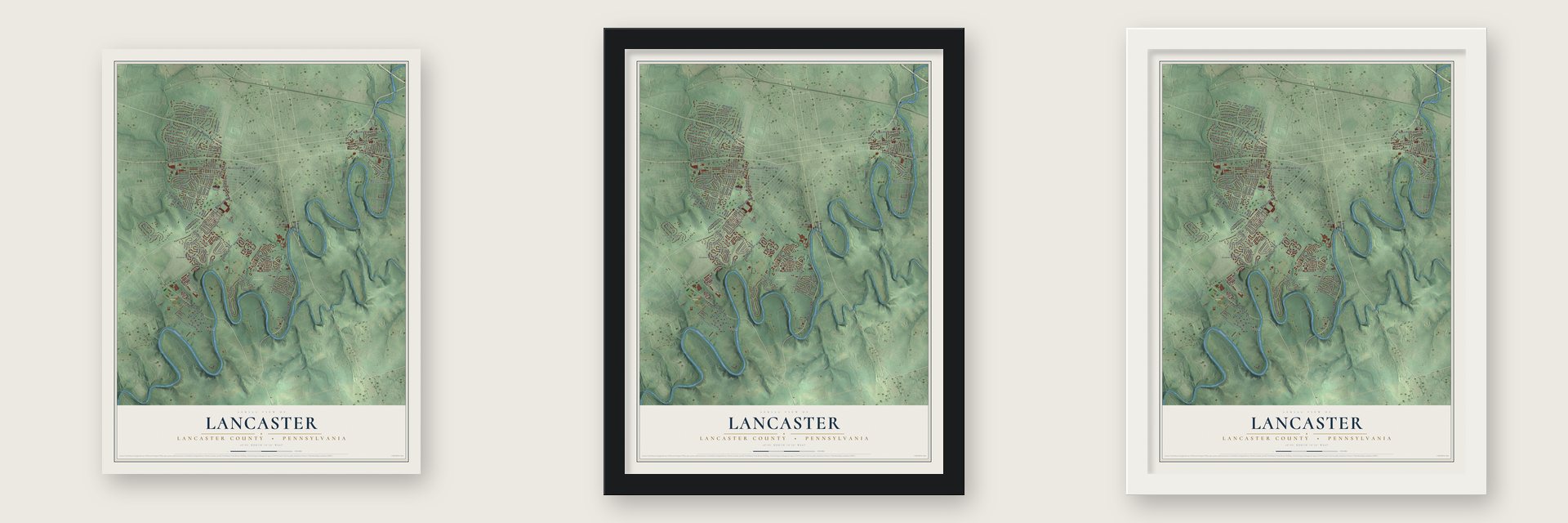 Lancaster, Lancaster County, Pennsylvania map unframed, in a black wood frame and in a white wood frame