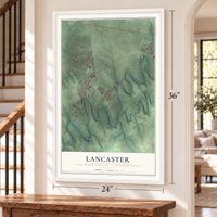 Lancaster, Lancaster County, Pennsylvania map, 24 x 36 inch print in a white frame by a staircase