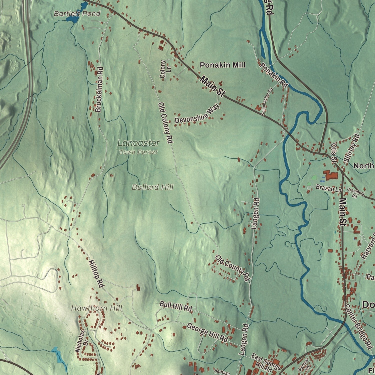Close-up of the map of Lancaster, Massachusetts print showing terrain and local geography