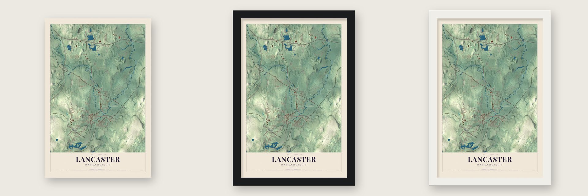 Lancaster, Massachusetts map unframed, in a black wood frame and in a white wood frame