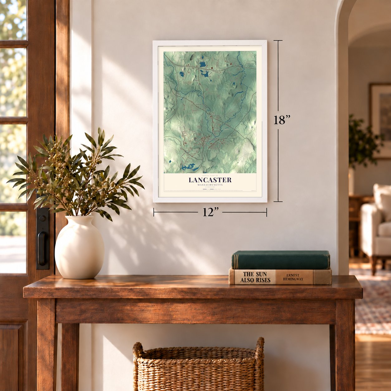 Lancaster, Massachusetts map, 12 x 18 inch print in a white frame in an entryway