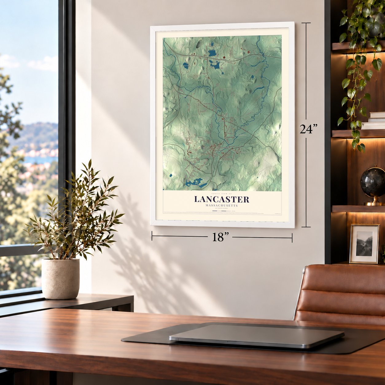 Lancaster, Massachusetts map, 18 x 24 inch print in a white frame in a home office