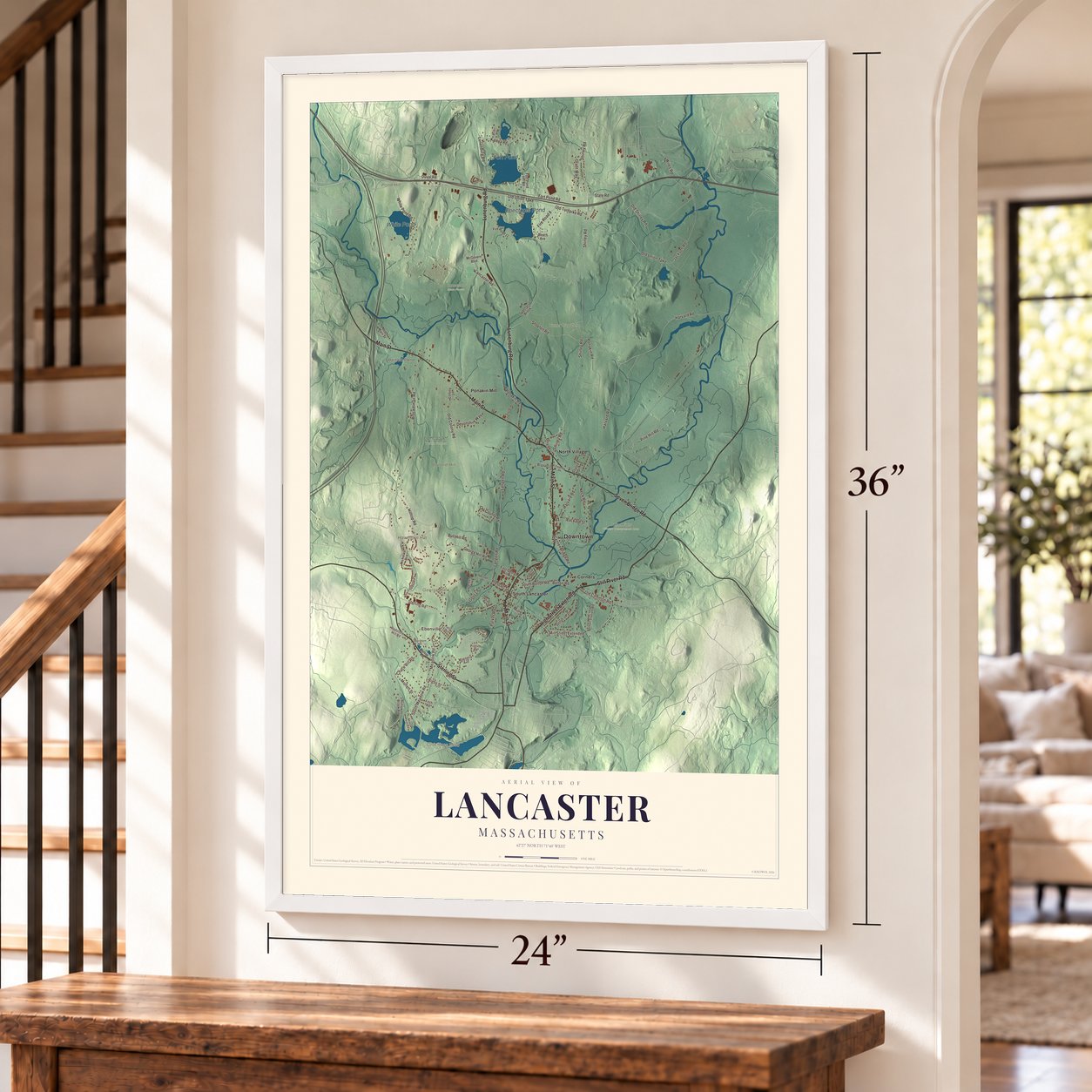 Lancaster, Massachusetts map, 24 x 36 inch print in a white frame by a staircase