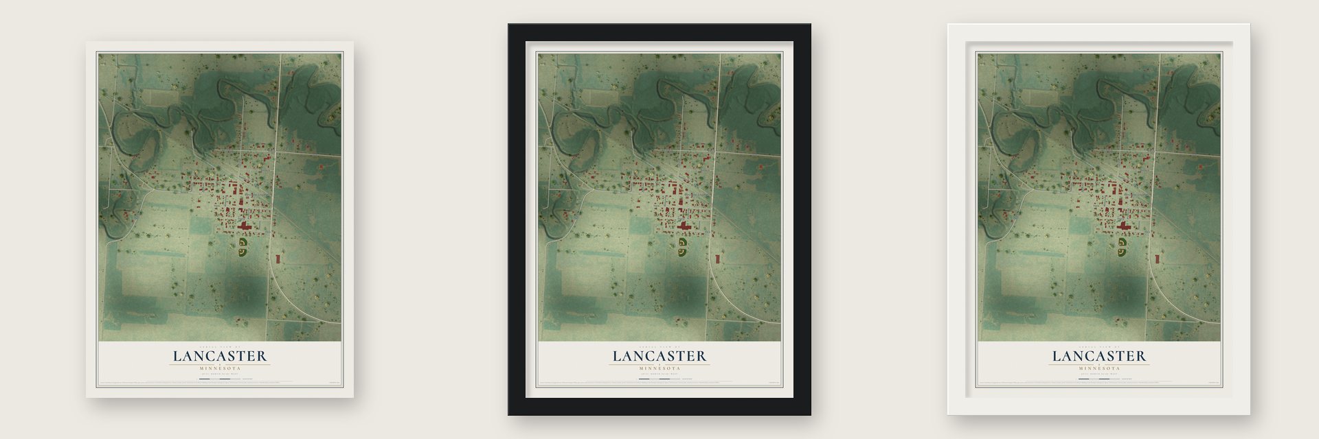 Lancaster, Minnesota map unframed, in a black wood frame and in a white wood frame