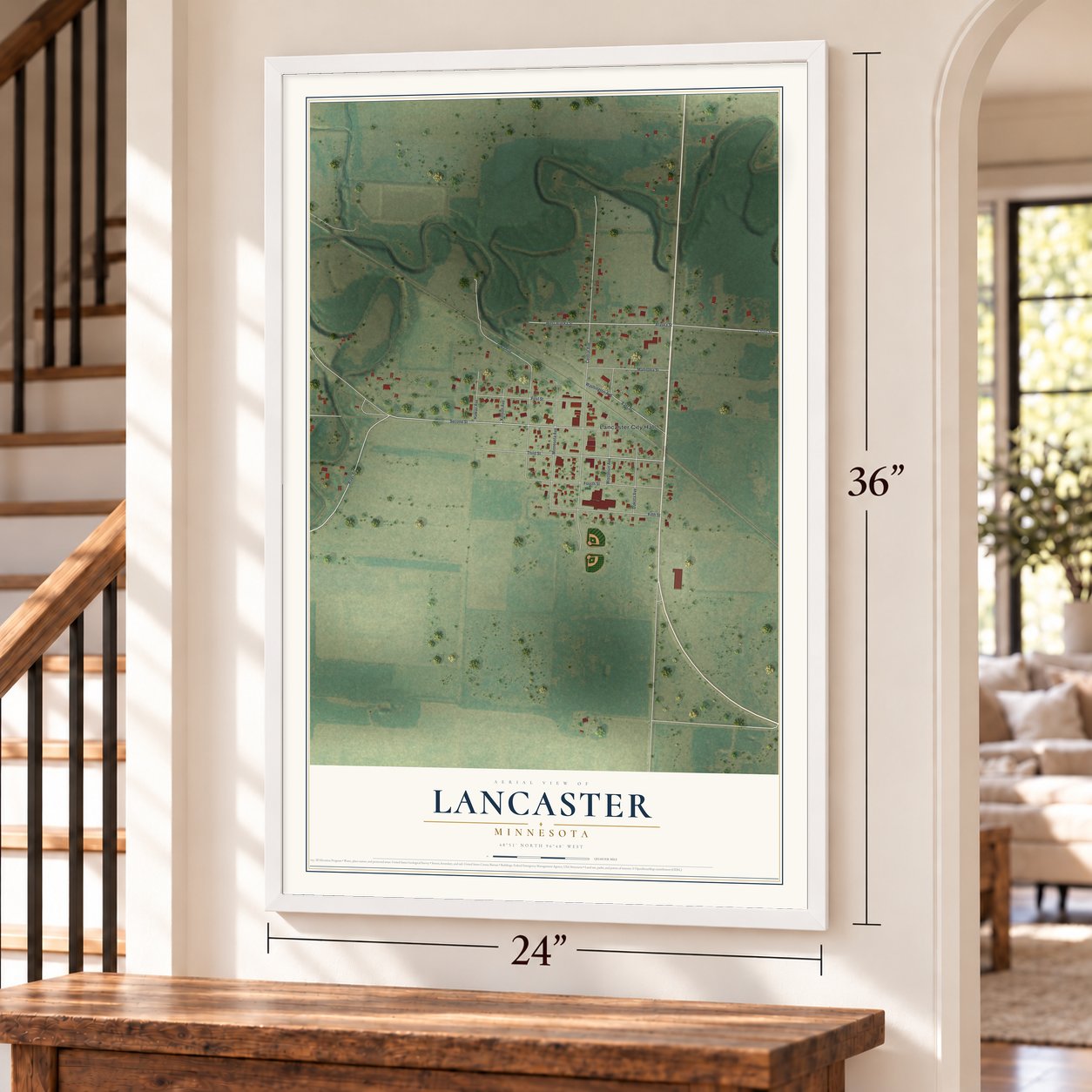 Lancaster, Minnesota map, 24 x 36 inch print in a white frame by a staircase
