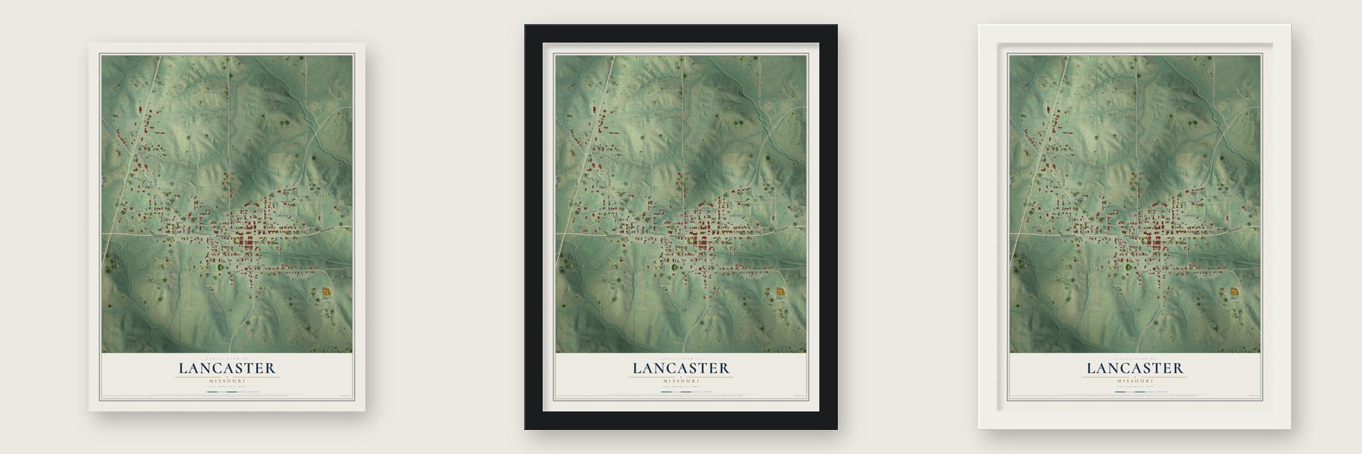 Lancaster, Missouri map unframed, in a black wood frame and in a white wood frame