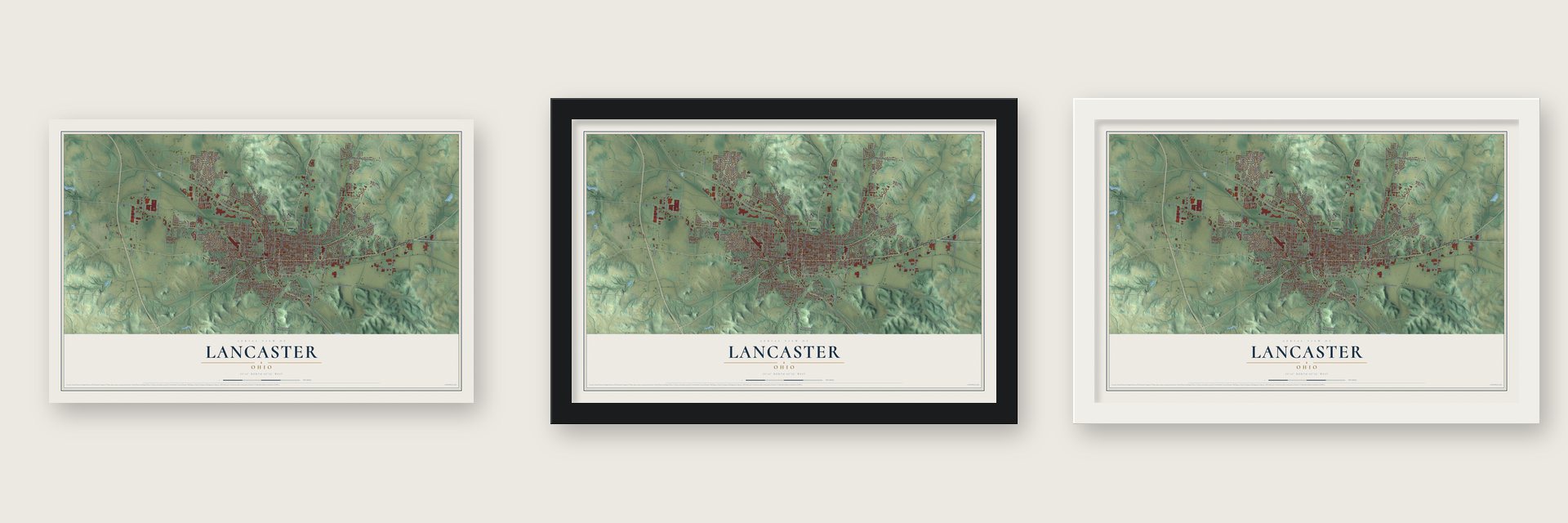 Lancaster, Ohio map unframed, in a black wood frame and in a white wood frame
