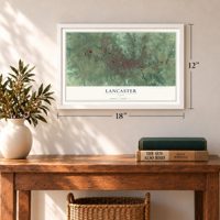 Lancaster, Ohio map, 12 x 18 inch print in a white frame in an entryway